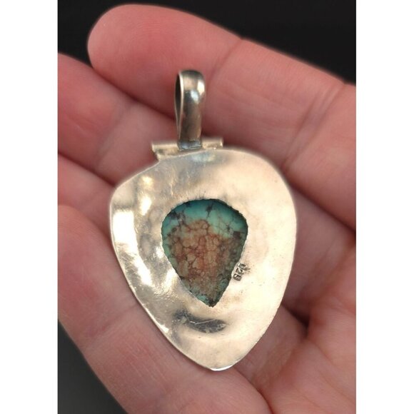 Vintage 925 Silver & Turquoise Pendant Southwestern Frame 13.8g Teardrop - Picture 7 of 11